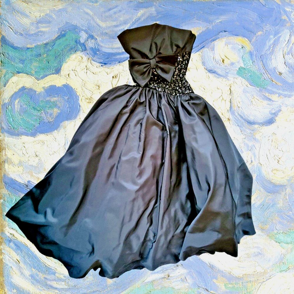 Vtg Long Black Taffeta Sequin Taffeta Dress With Bow Accent Formal Gown Benet S